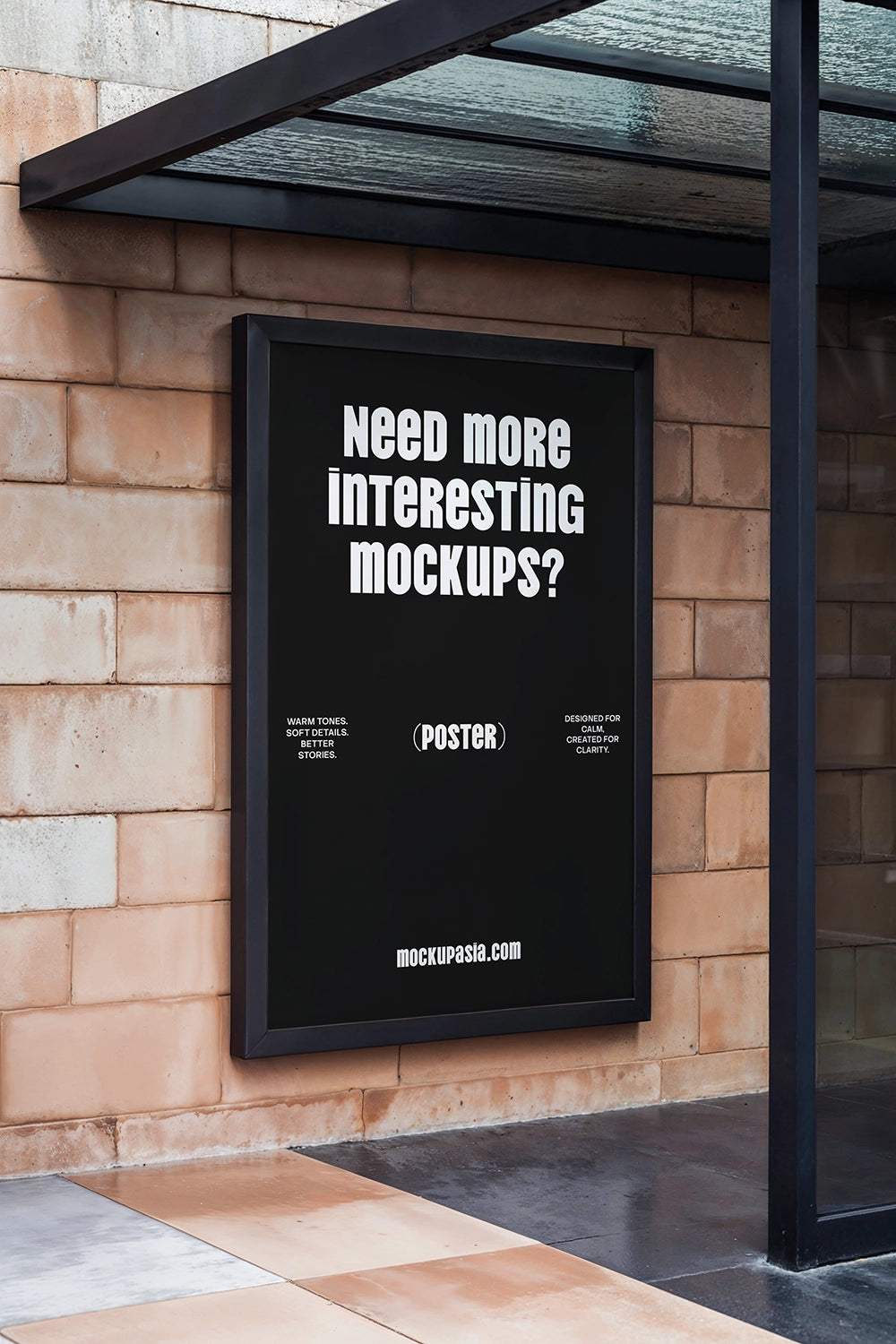 realistic framed poster mockup on tiled wall with natural light and urban exterior scene