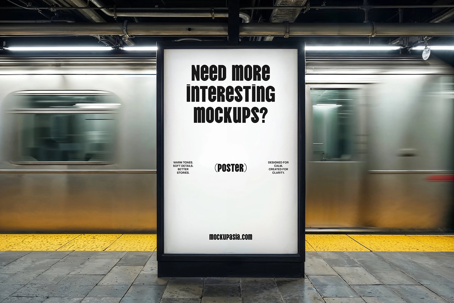 subway station poster mockup with moving train blur and illuminated advertising display