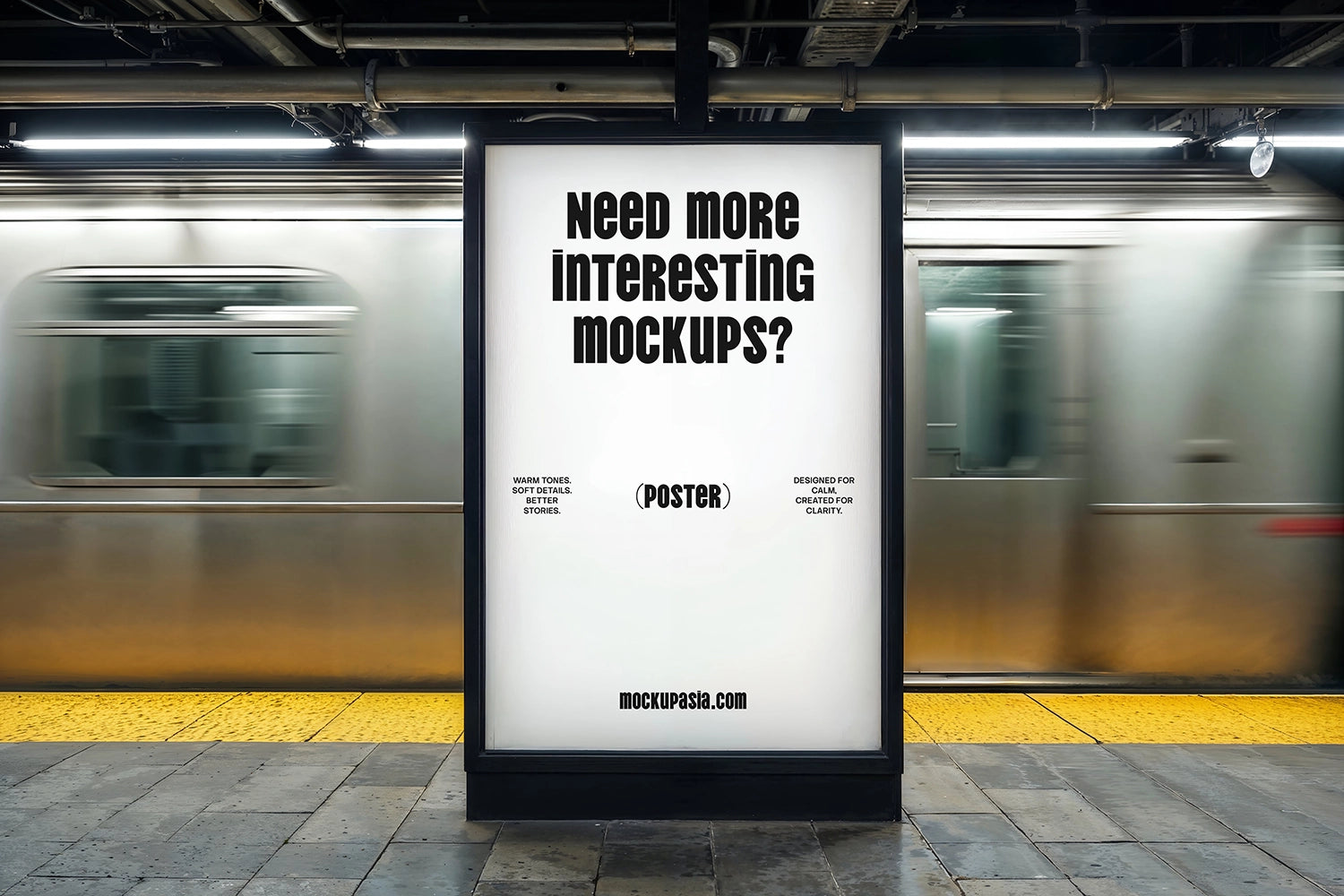 subway station poster mockup with moving train blur and illuminated advertising display
