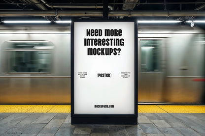 subway station poster mockup with moving train blur and illuminated advertising display