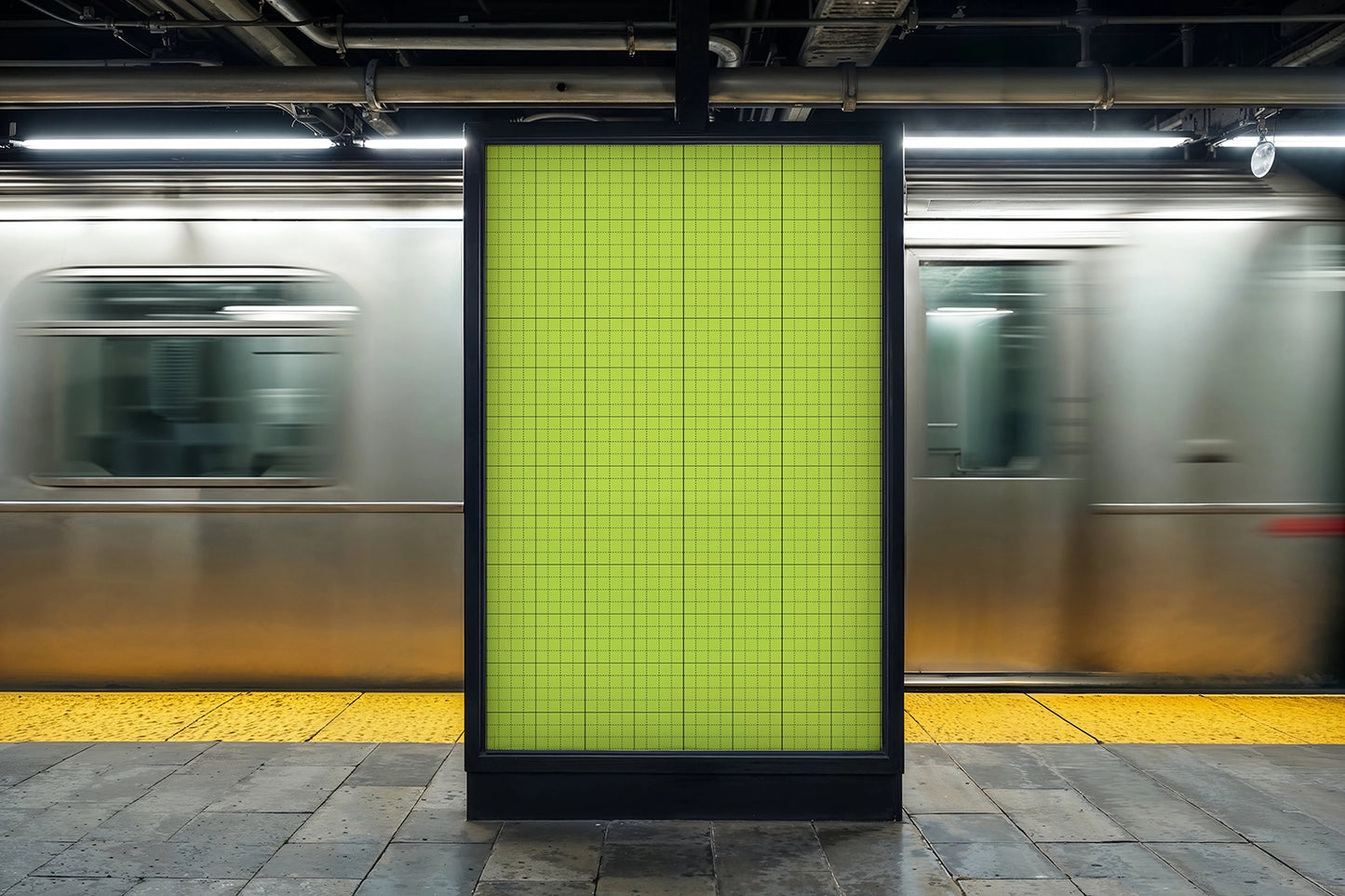 vertical lightbox poster mockup in subway station with dynamic background and modern typography