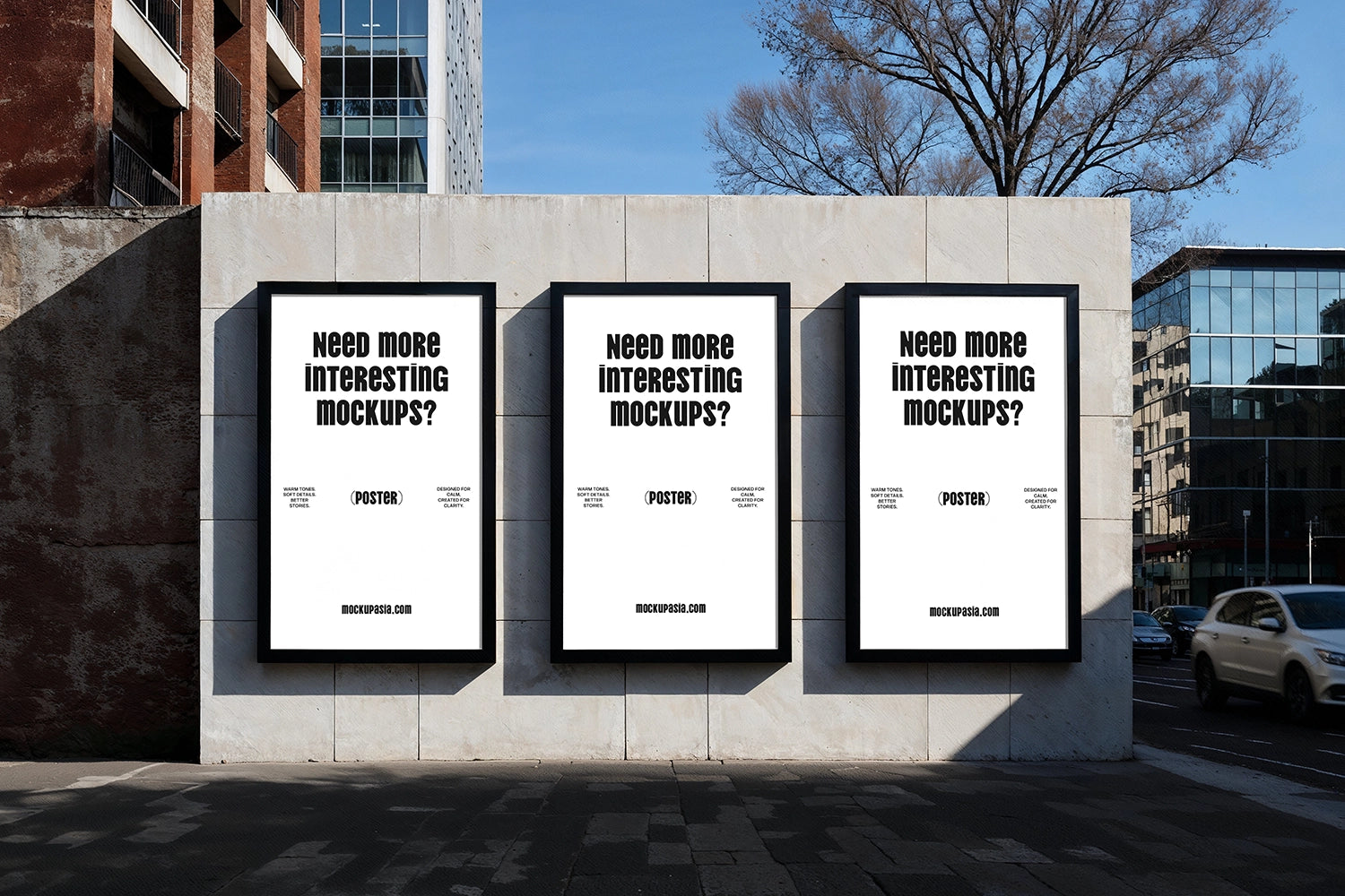 triple poster mockup on urban wall with three framed displays in outdoor street setting