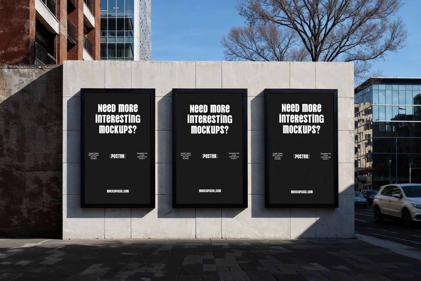 realistic three poster mockup on concrete wall with city background and natural sunlight