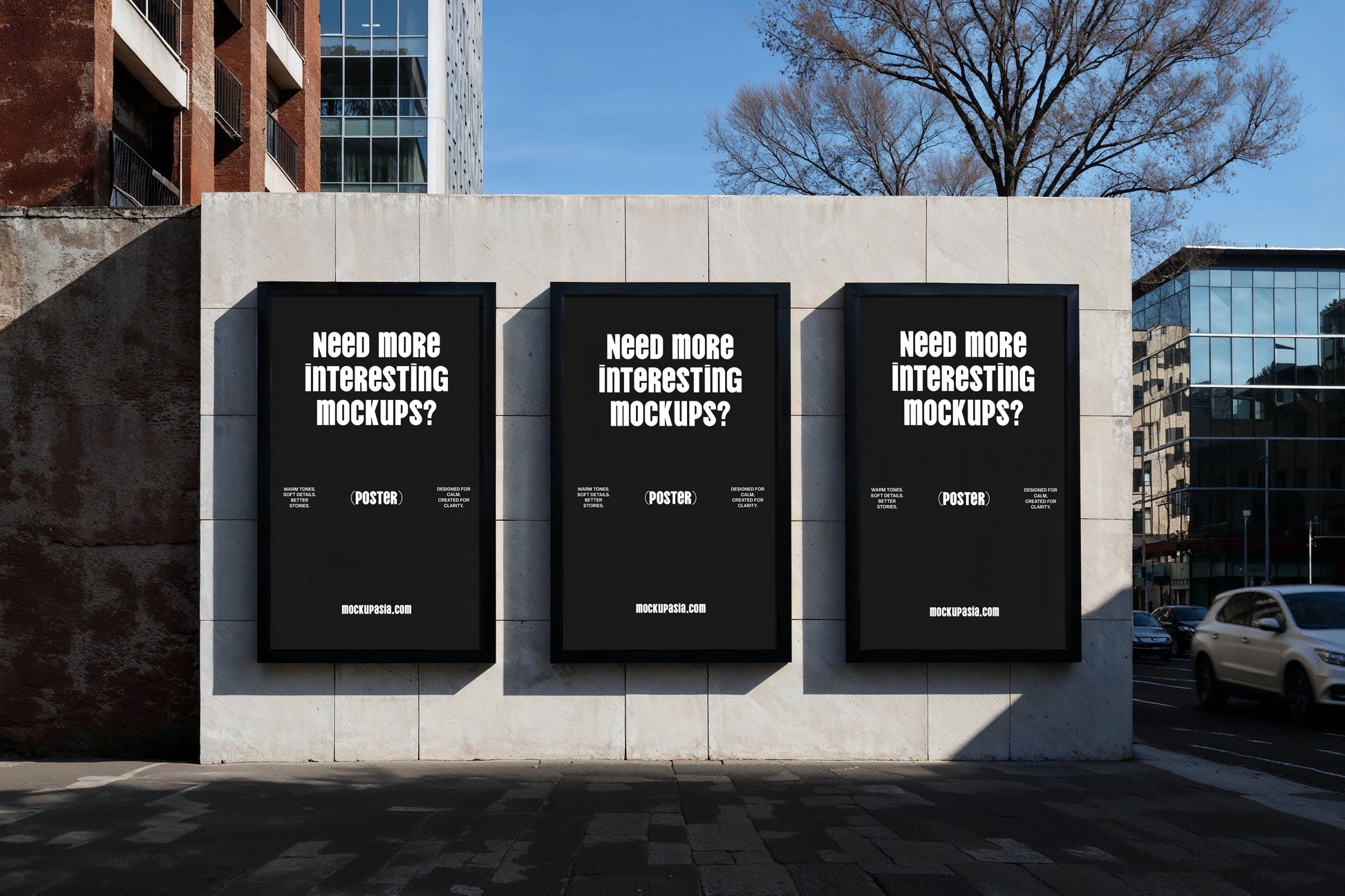 realistic three poster mockup on concrete wall with city background and natural sunlight