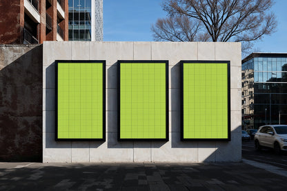 multiple poster mockup with aligned frames on exterior wall for advertising presentation