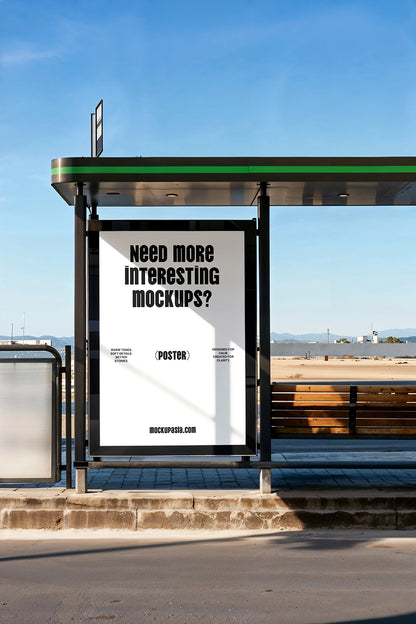 bus stop poster mockup with shelter structure and clear blue sky outdoor setting