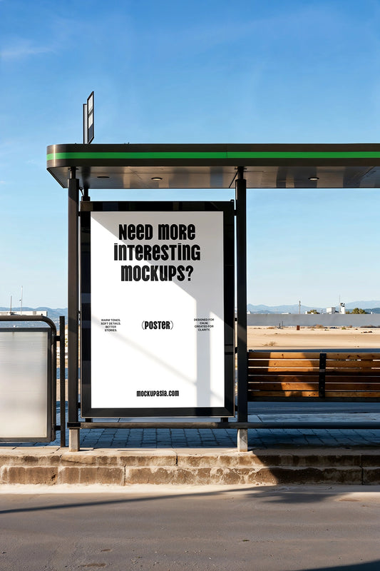 bus stop poster mockup with shelter structure and clear blue sky outdoor setting