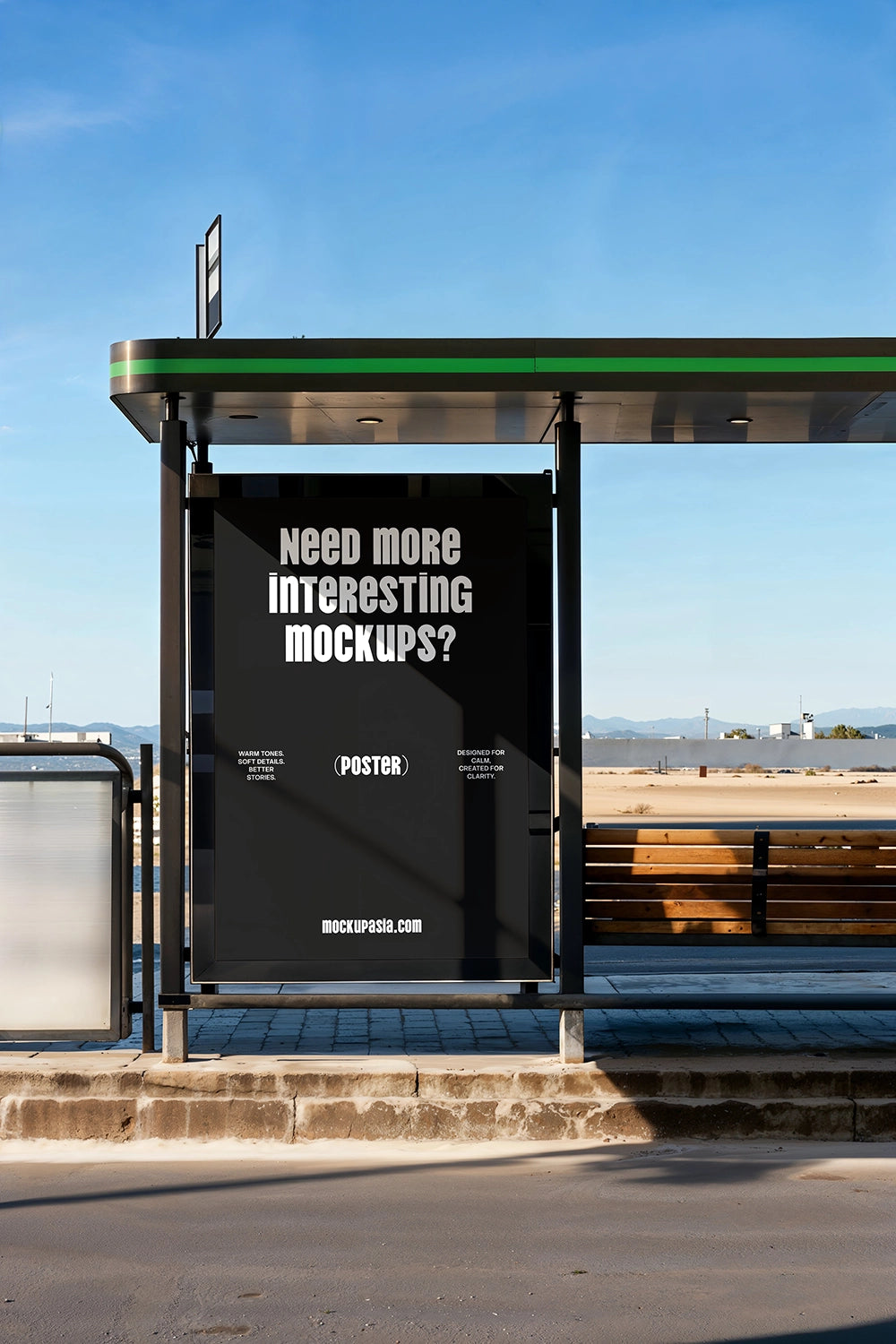 realistic bus shelter poster mockup with sunlight shadows and minimal advertising display