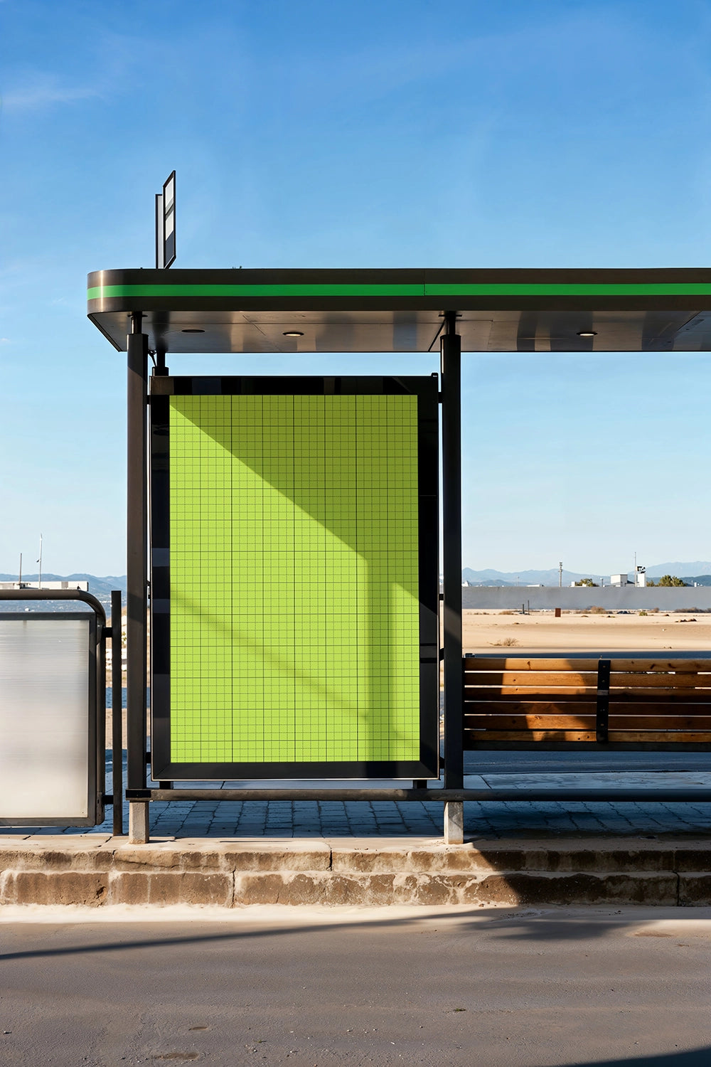 vertical poster mockup at public transport stop with bench and modern canopy design