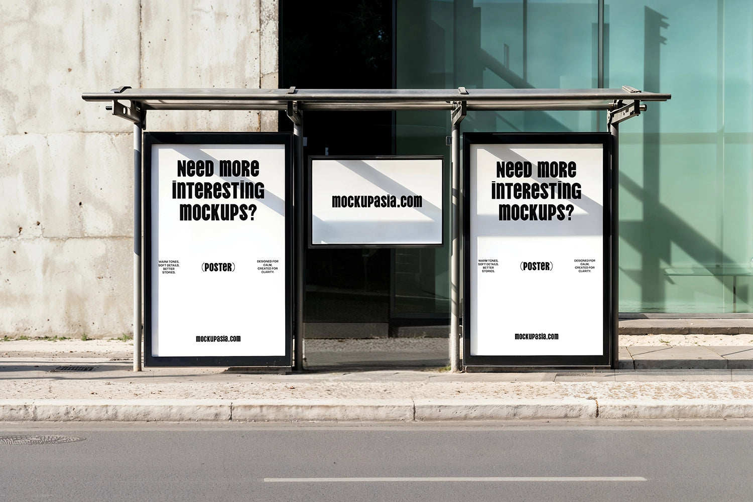 double poster mockup at bus stop with central signage and modern glass building background