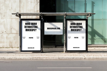 double poster mockup at bus stop with central signage and modern glass building background