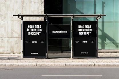 realistic bus shelter advertising mockup with two vertical posters and horizontal display panel