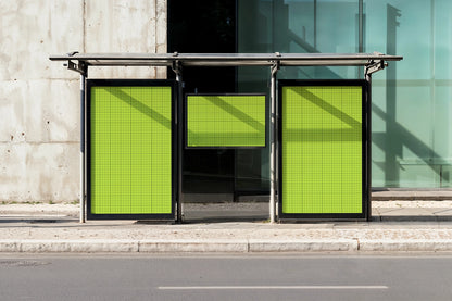 outdoor transit poster mockup with multiple frames under metal canopy and natural sunlight
