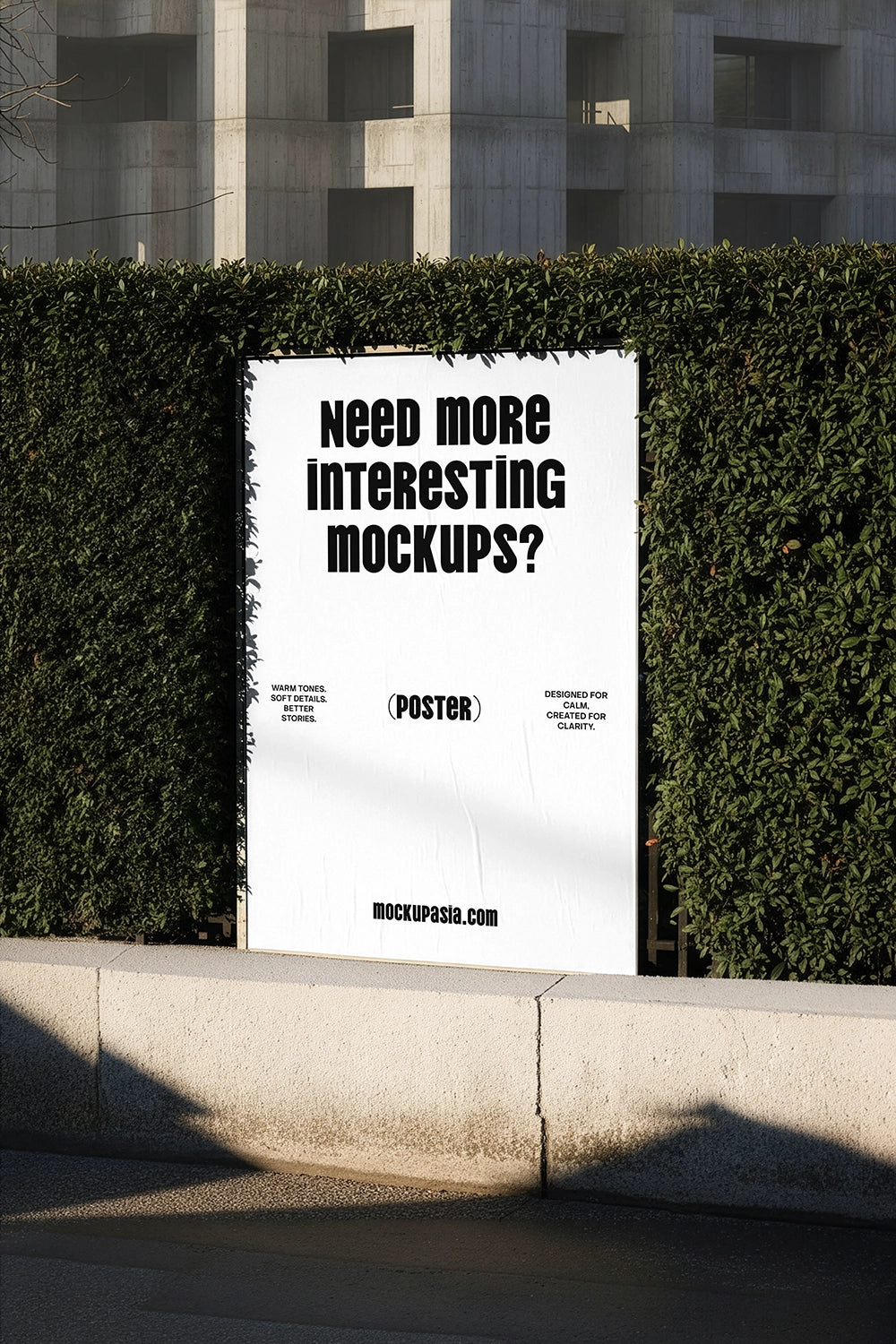 street poster mockup on hedge wall with modern concrete building background