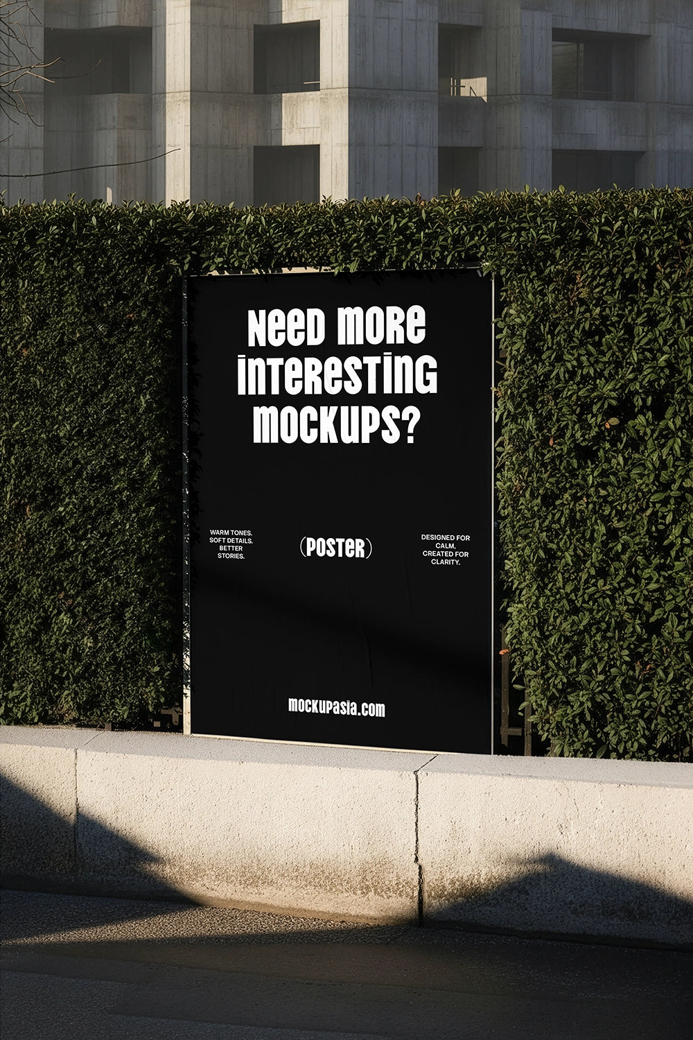 realistic outdoor poster mockup placed on green hedge with natural sunlight shadows