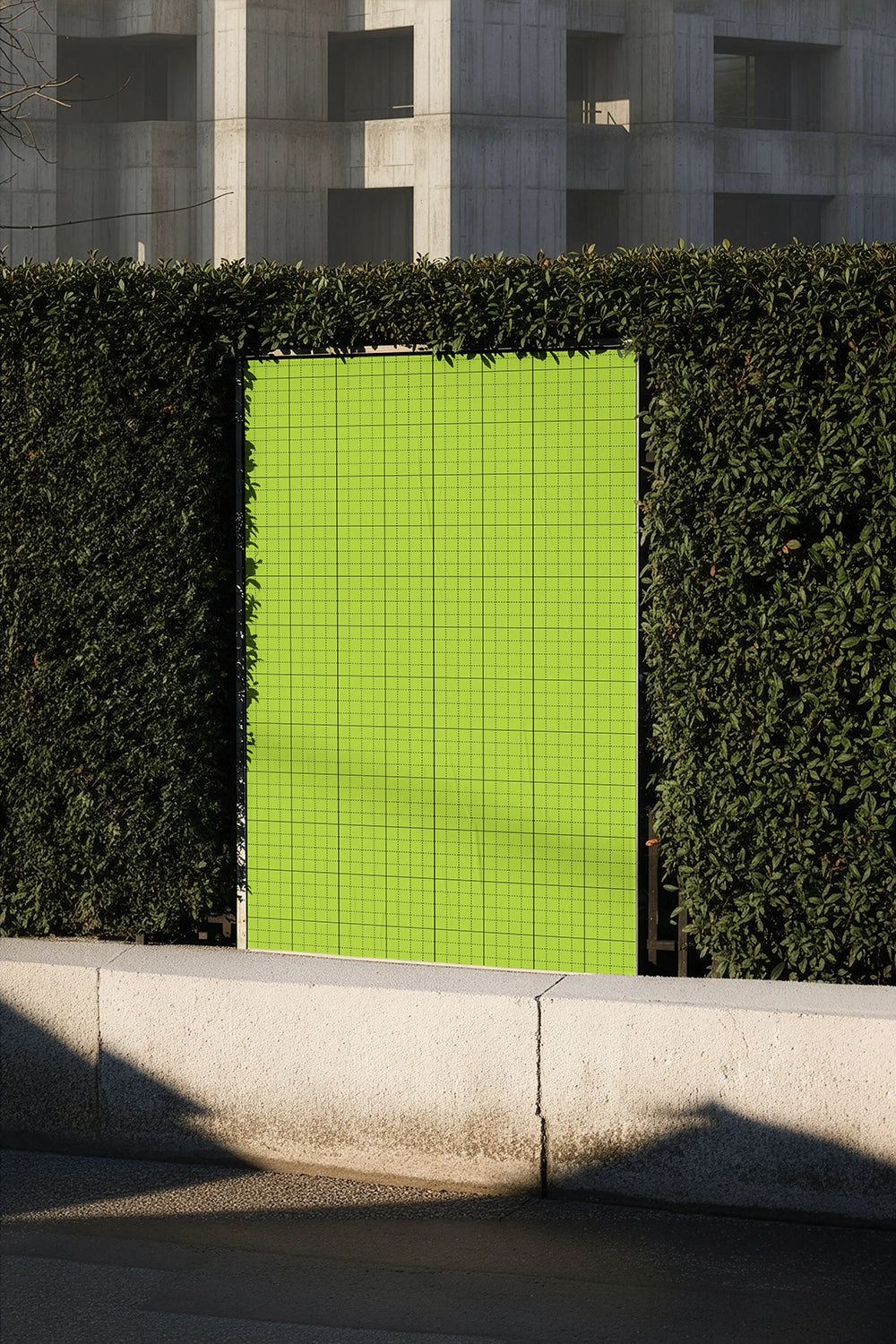 urban poster mockup on greenery wall with minimal design and architectural setting