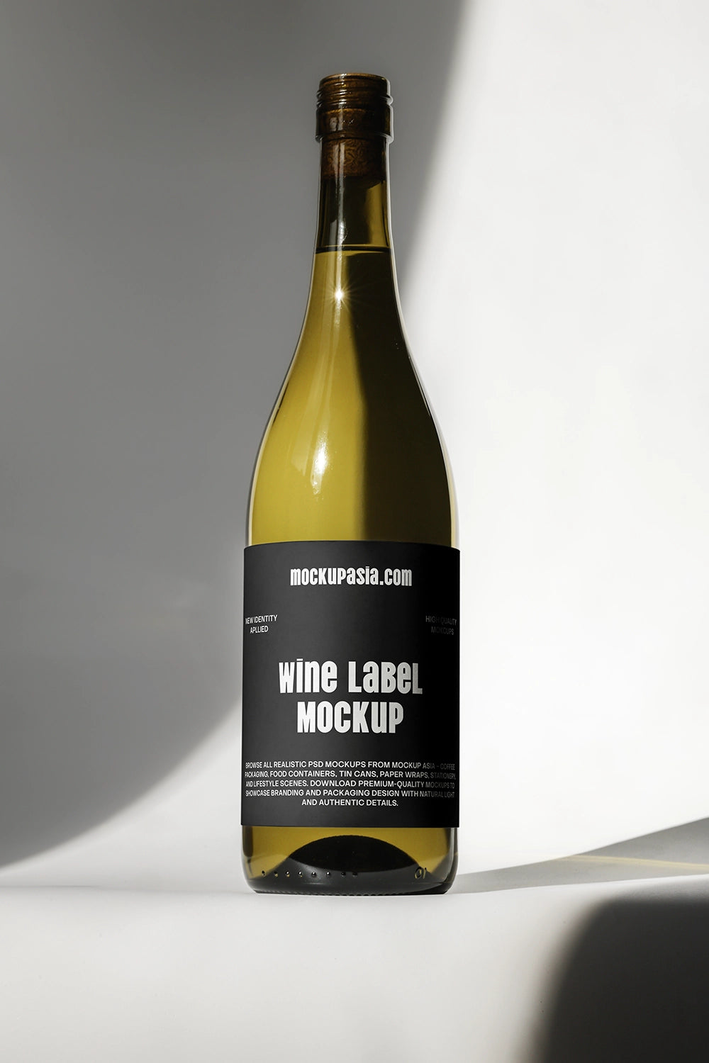 realistic wine label mockup on glass bottle with minimal studio lighting setup