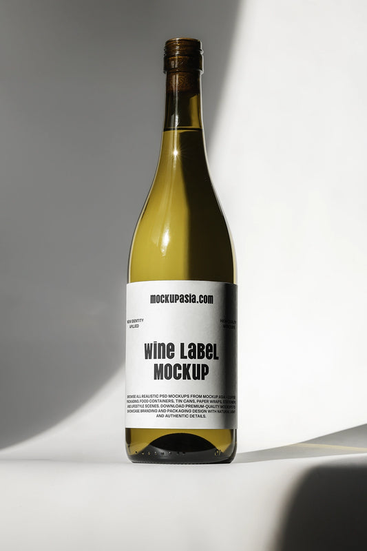 wine bottle mockup with label on clean background and dramatic sunlight shadow