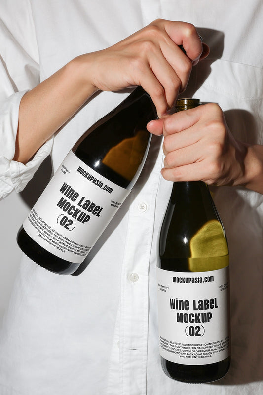 wine bottle mockup held in hands opening cork with realistic lifestyle interaction