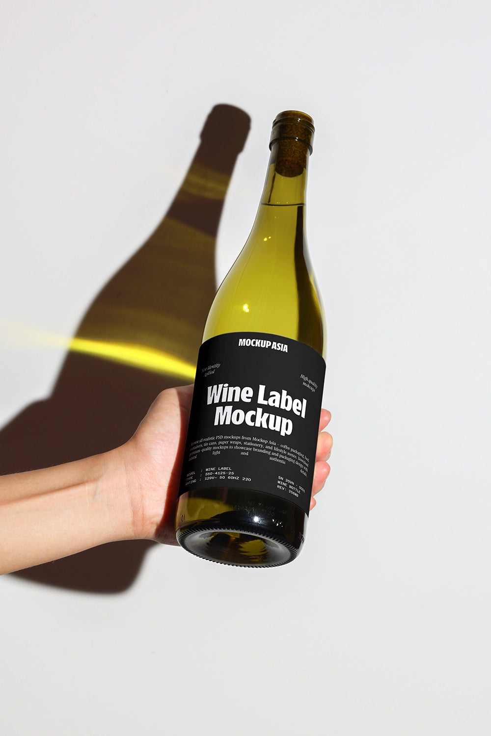 realistic wine label mockup with hand interaction and strong sunlight lighting