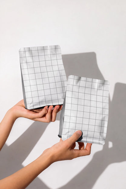 Two hands holding two small rectangular pouches with a white and gray grid pattern, set against a plain light gray background with soft shadows.