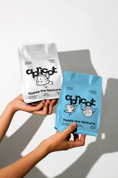 Apricots Coffee Collection bundle by Mockup.Asia featuring a zip bag with fresh coffee beans and apricot-themed packaging.