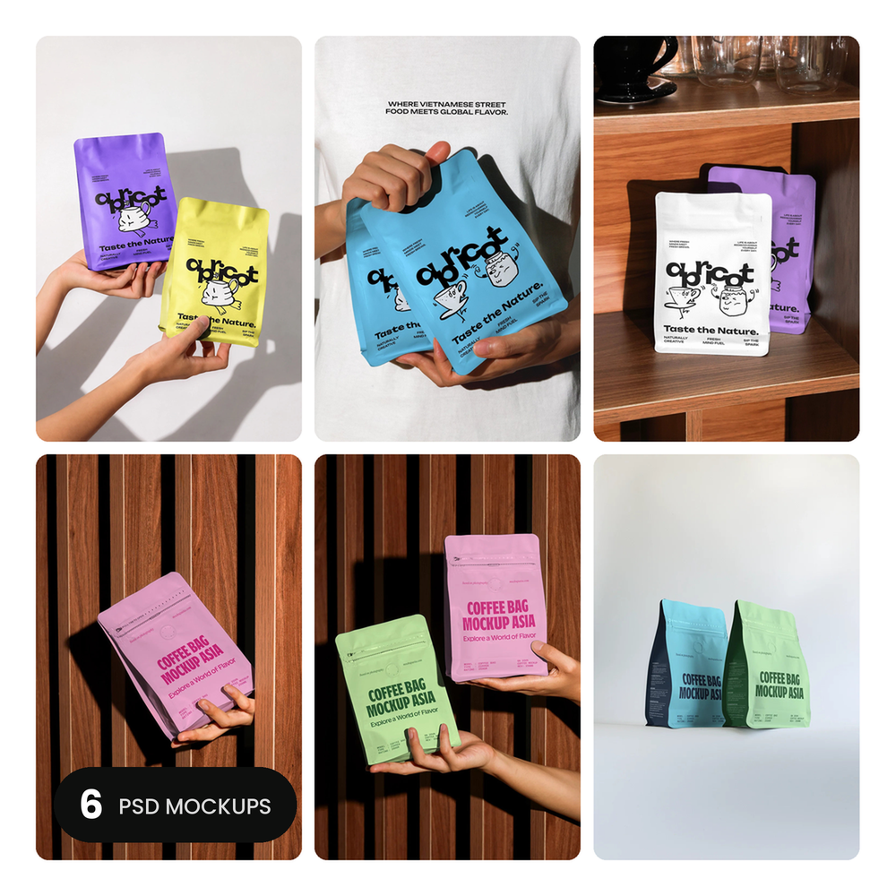 Apricots Coffee Bag Mockup Set – 6 PSD mockups by Mockup Asia