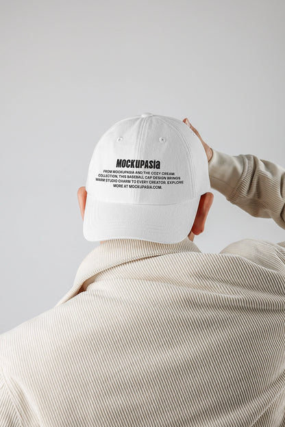 baseball cap mockup back view worn by person with minimal branding and clean background