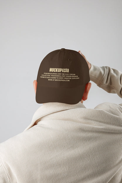 realistic cap mockup from behind with embroidered text and soft studio lighting