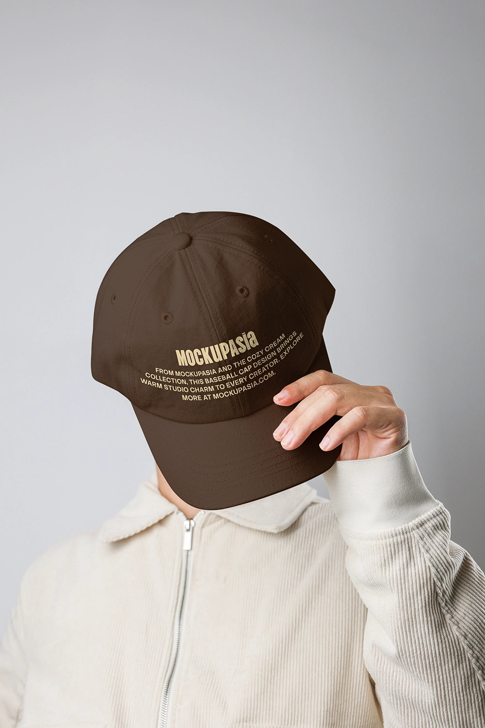 realistic cap mockup with embroidered text and soft studio lighting lifestyle setup