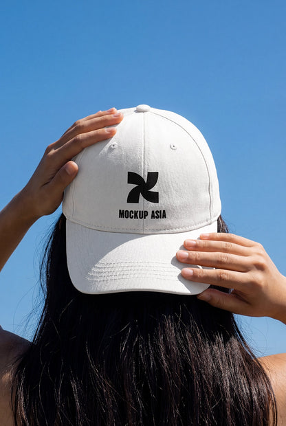 baseball cap mockup on model back view with sky background and natural sunlight