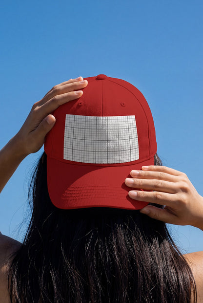 minimal hat mockup on model back view with natural light and outdoor setting