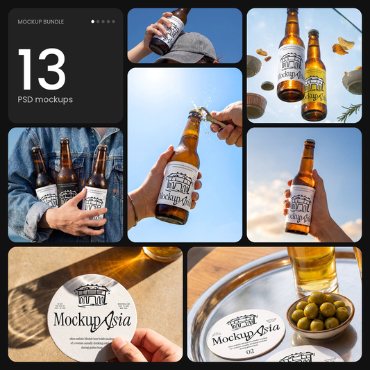 Beer Bottle Mockup Bundle – 13 PSD mockups by Mockup.Asia