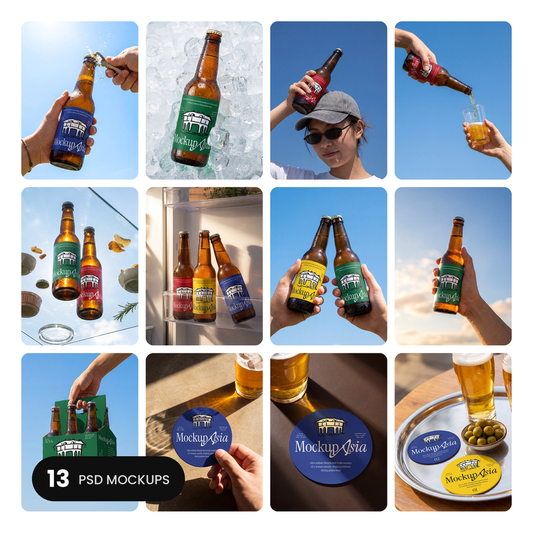 Beer Bottle Mockup Bundle – 13 PSD mockups by Mockup Asia