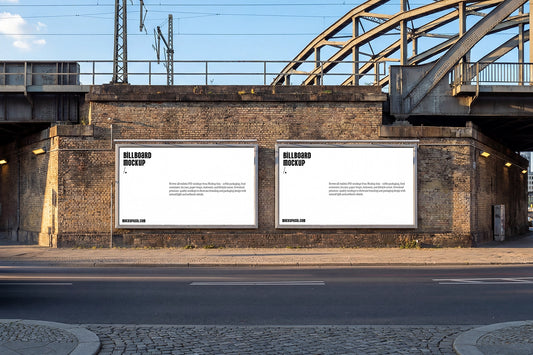 realistic outdoor billboard mockup set of two on textured brick facade with warm sunlight