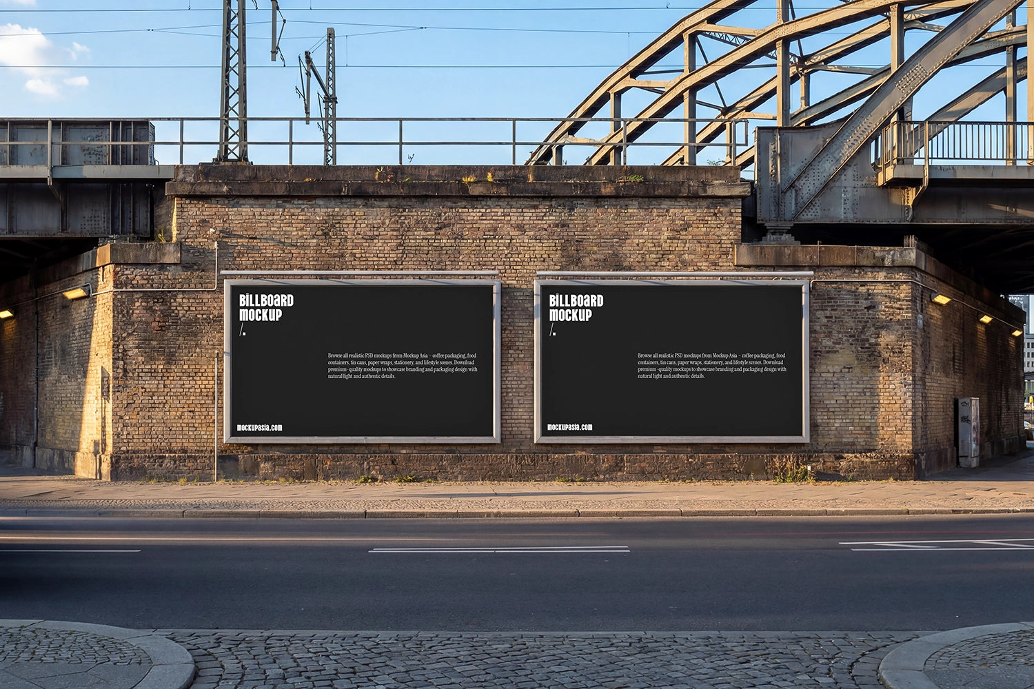 wide advertising billboard mockup on street wall with bridge structure and city environment