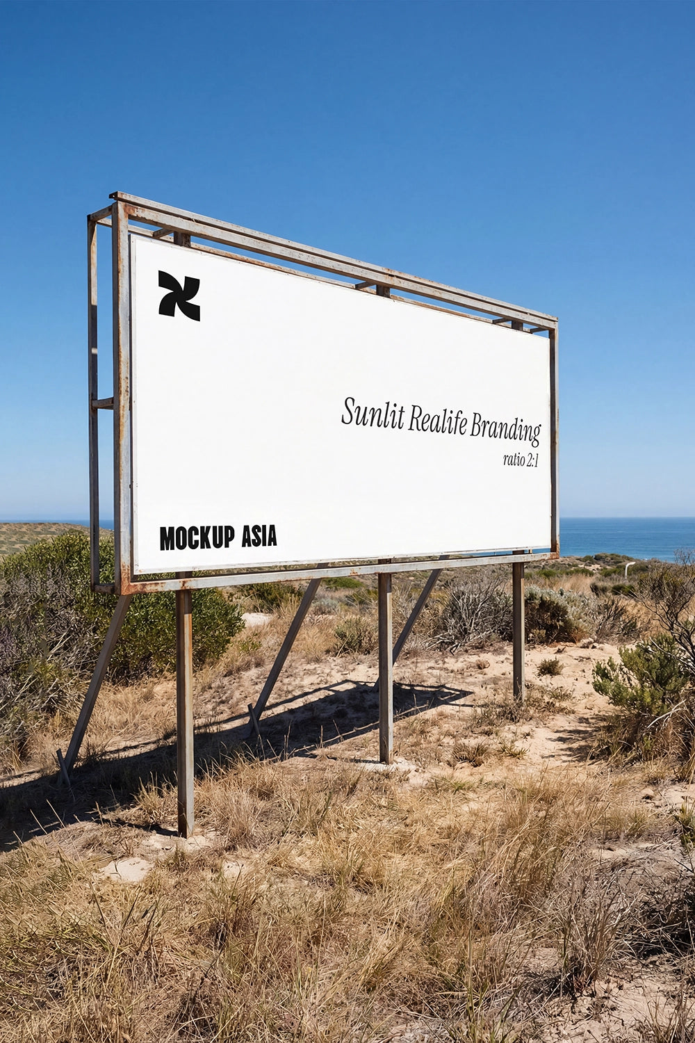 billboard mockup outdoor on metal frame with coastal landscape and blue sky natural light