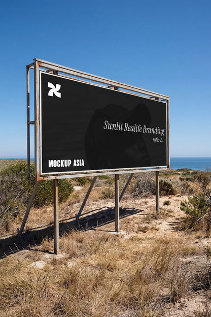realistic billboard mockup in desert coastal area with sunlight and wide open background