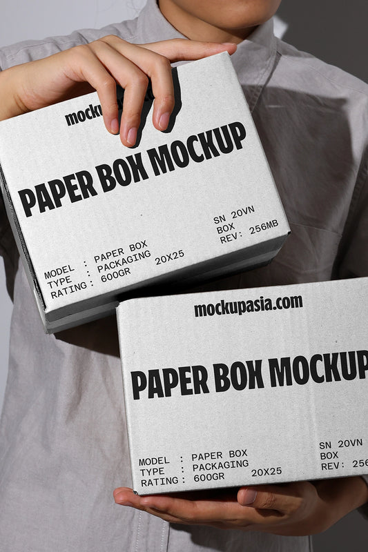 Paper box mockup with two cardboard boxes held in hands close up branding detail