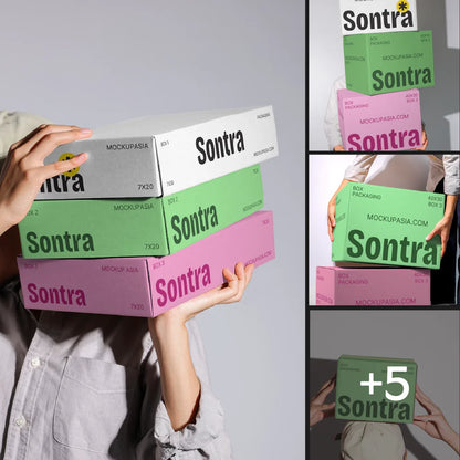 Set of carton box mockup images from Mockup.Asia, showcasing different angles and styles in a realistic bundle presentation.