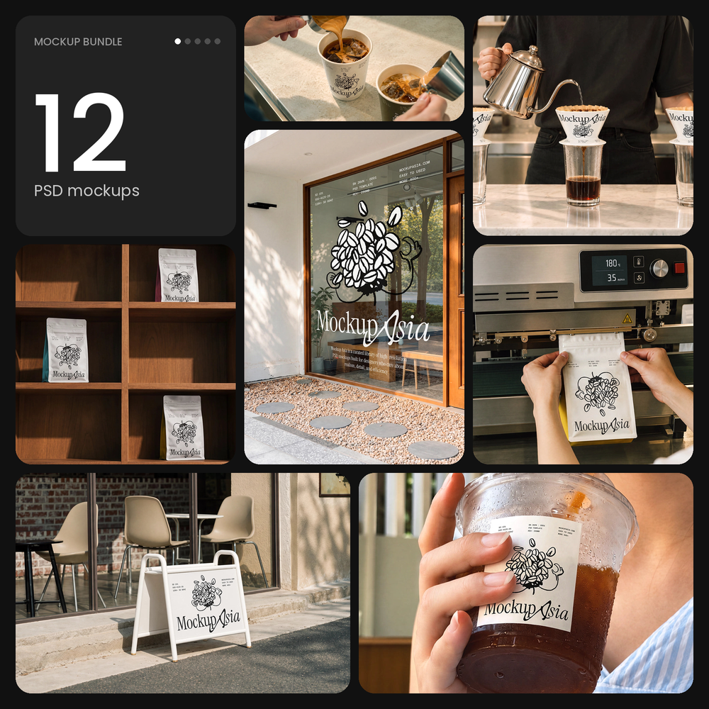 Café Identity Mockup Bundle – KOD Series, 12 PSD mockups