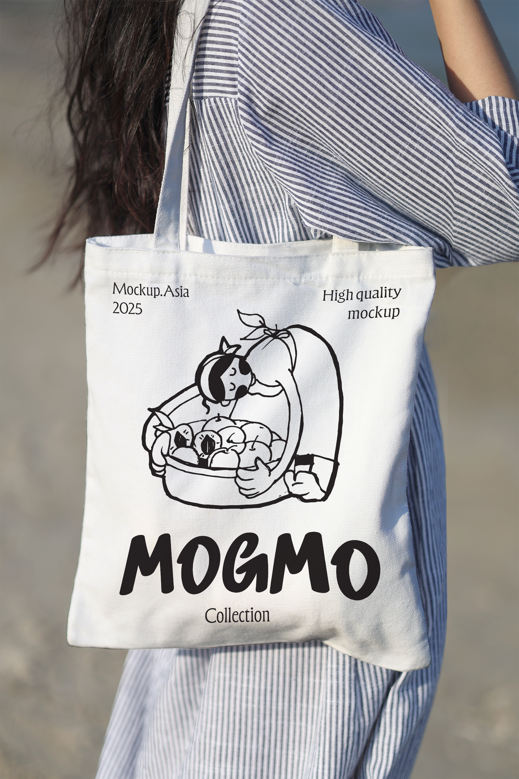 canvas tote bag mockup on shoulder with soft natural light, outdoor lifestyle scene
