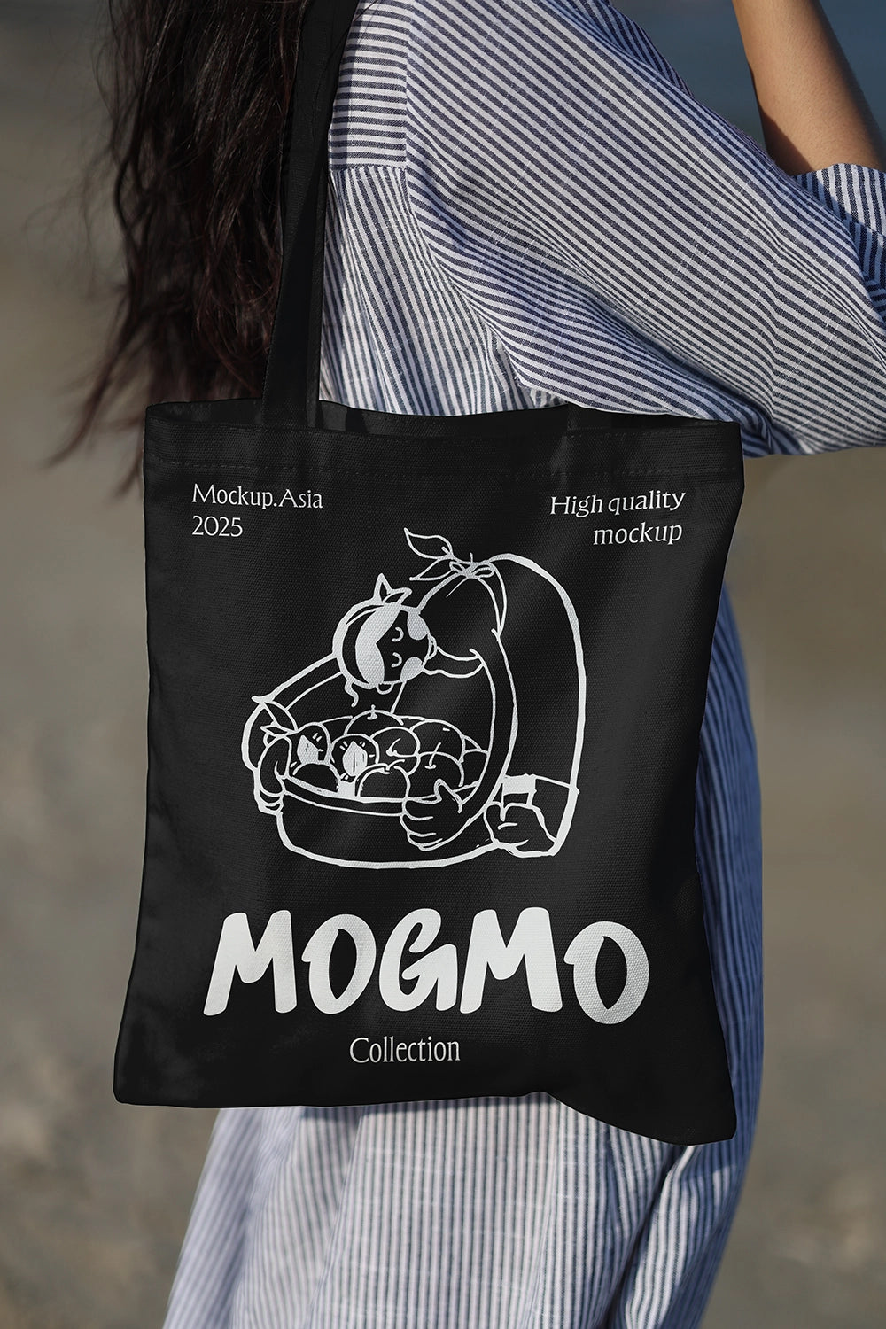 tote bag mockup worn by model with illustrated design, casual fashion presentation
