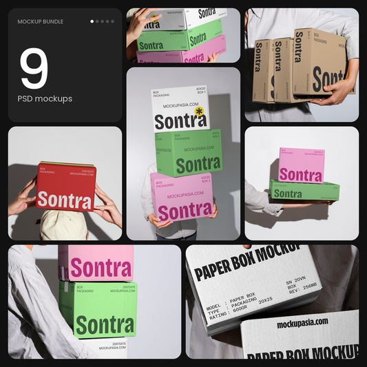 Carton box mockup bundle – 9 PSD mockups by Mockup.Asia