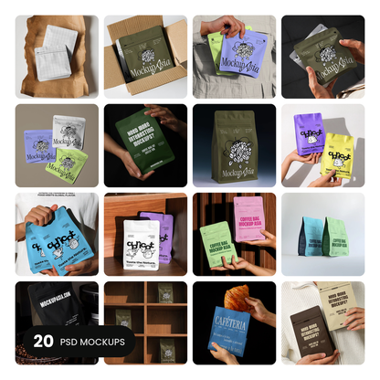 Coffee Bag & Pouch Mockup Bundle – 20 PSD mockups by Mockup Asia