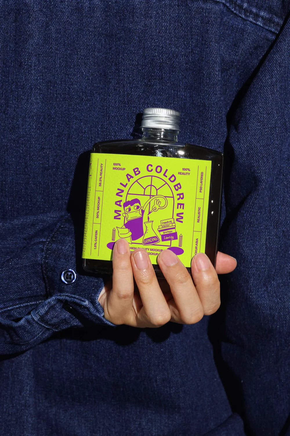 Coffee packaging bottle mockup held in hand for realistic product showcase
