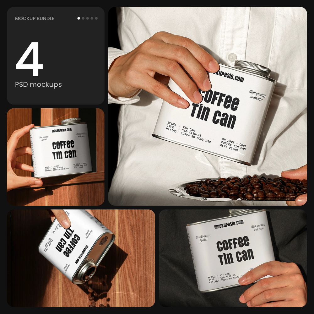 Coffee Tin Can Mockup Bundle – 4 PSD mockups by Mockup.Asia
