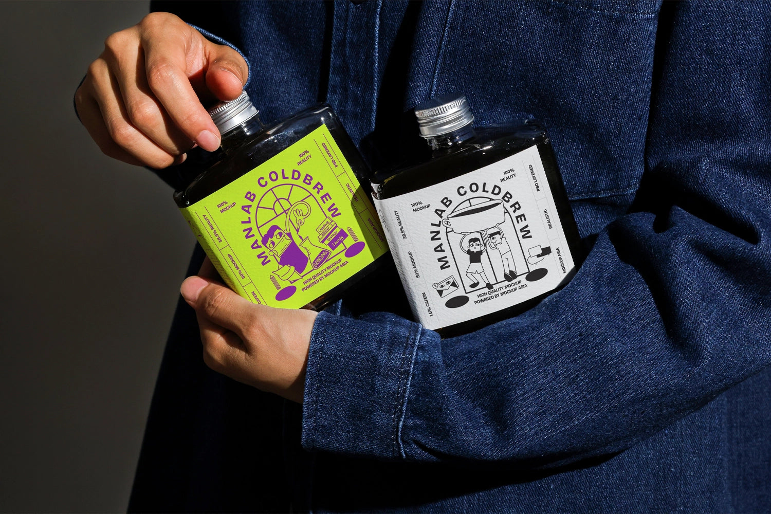 Dual cold brew bottle mockup held in hands with realistic lighting and lifestyle setup
