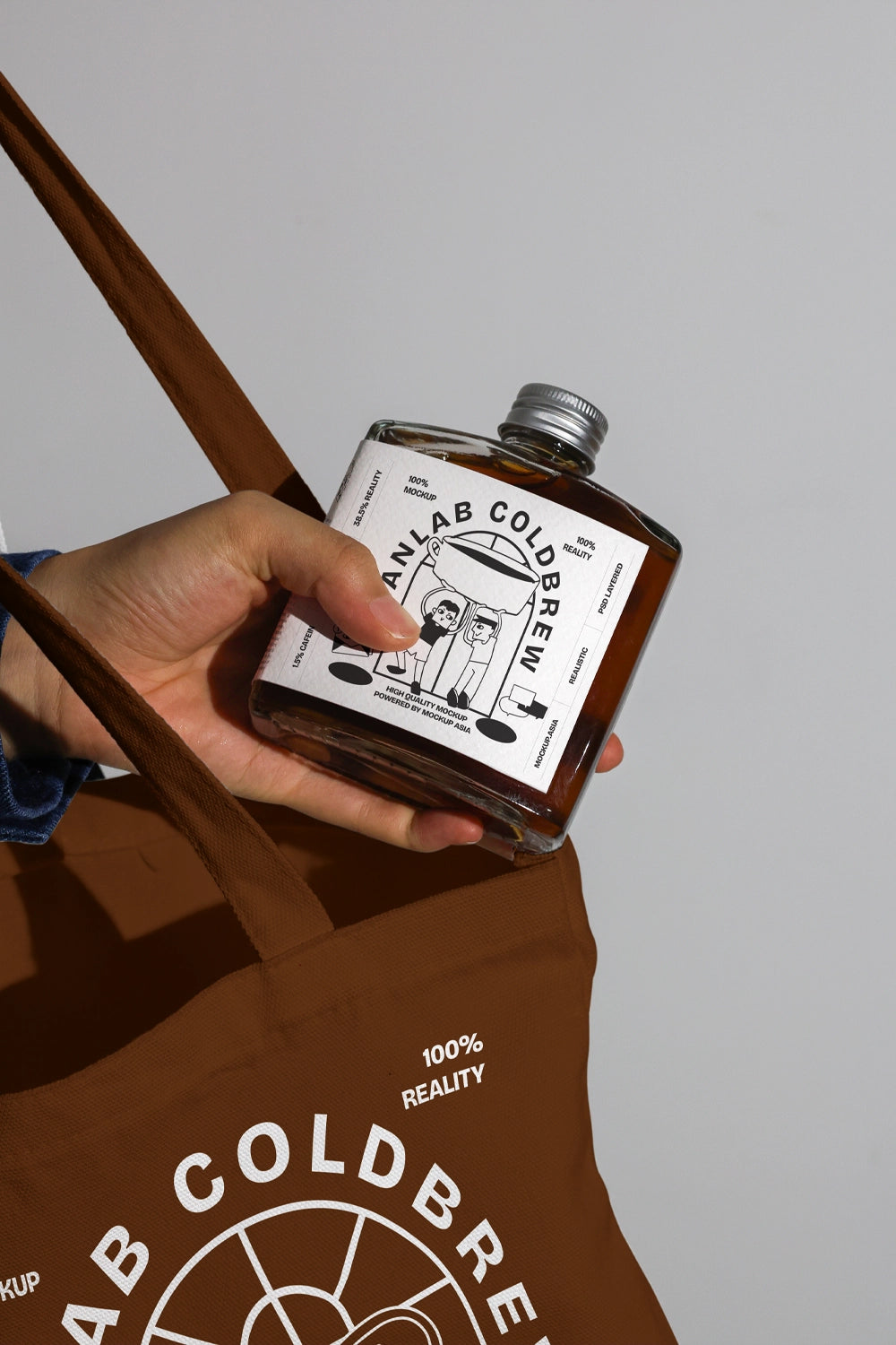 Coffee bottle mockup in carry bag setup with realistic lighting and shadow
