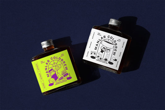 Cold brew bottle mockup in dual flat lay scene with strong lighting and shadows
